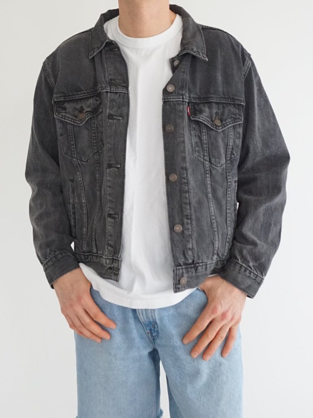 Levis Black Gray Denim Trucker Jacket Acid Wash Button Front Classic Cotton XL